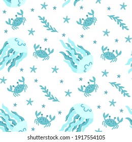 Seamless pattern with jellyfish, crabs, starfish. For the design of fabrics, wallpapers, backgrounds, prints, posters, postcards, cards. Vector