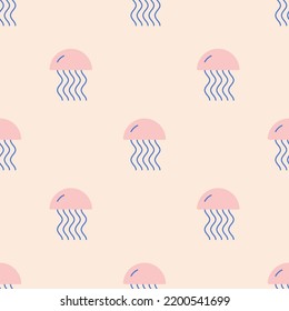 Seamless pattern with a jellyfish. Cute style, classical colors. Nature, sea travel and tourism concept. Ideal for packaging. Hand drawn vector illustration. Print, fabric, wrapping paper design.
