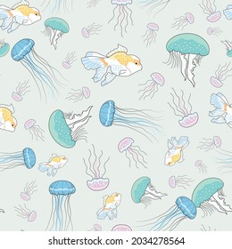 Seamless pattern with jellyfish and fish illustration underwater background