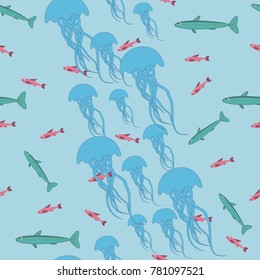 Seamless pattern. Jellyfish and fish in the ocean.
