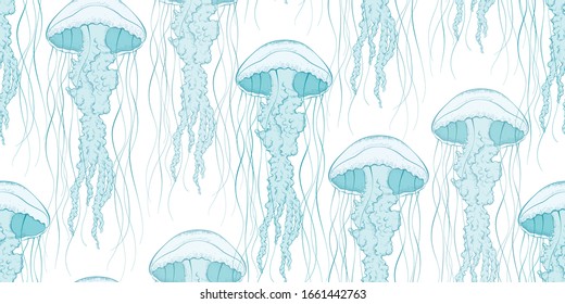 Seamless pattern with jellyfish floating in the sea. Beautiful inhabitants of the underwater world. Vacations on the ocean. Stock vector illustration.