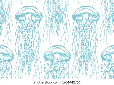 Seamless pattern with jellyfish floating in the sea. Beautiful inhabitants of the underwater world. Vacations on the ocean. Stock vector illustration.