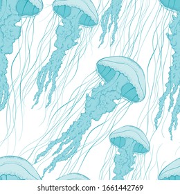 Seamless pattern with jellyfish floating in the sea. Beautiful inhabitants of the underwater world. Vacations on the ocean. Stock vector illustration.