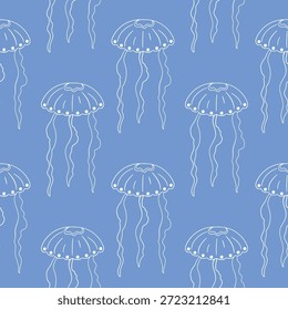 Modelo inconsútil de medusas con el tentáculo que fluye en un fondo azul en estilo del arte de la línea. Diseño para la tarjeta marina y submarina del océano.