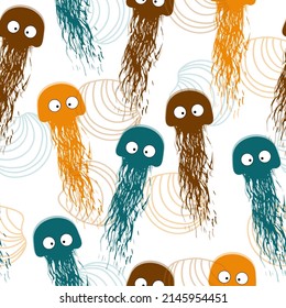 Seamless pattern with jellyfish. Hand drawn doodle. Vector illustration Ocean fauna in quartz and serenity colors on white background