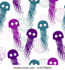 Seamless pattern with jellyfish. Hand drawn doodle. Vector illustration Ocean fauna in quartz and serenity colors on white background