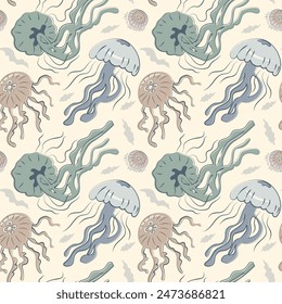 Seamless pattern with jellyfish. Hand drawn marine life. Graphics, line, textures. For Textile, paper, wrapping