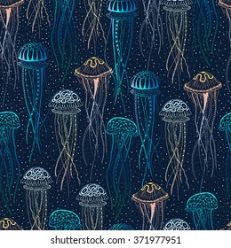 Seamless pattern with jellyfish. Hand drawn doodle. Vector illustration