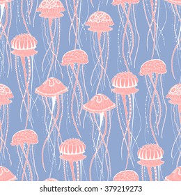 Seamless pattern with jellyfish. Hand drawn doodle. Vector illustration