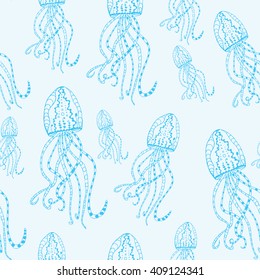 Seamless pattern of jellyfish. Line art. Black and white drawing by hand. Decorative. Marine inhabitants.