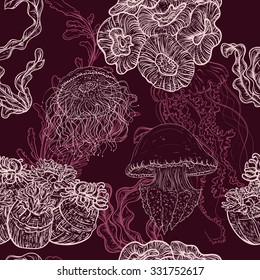 Seamless pattern with jellyfish, marine plants and seaweed. Vintage hand drawn vector illustration marine life. Design for summer beach, decorations,print,pattern fill, web surface