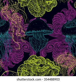 Seamless pattern with jellyfish, marine plants and seaweed. Vintage hand drawn vector illustration marine life. Design for summer beach, decorations,print,pattern fill, web surface