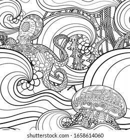 Seamless pattern with a jellyfish and an octopus for adult antistress coloring page. Black white hand drawn vector doodle of an oceanic animal for coloring book.