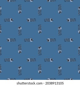 Seamless pattern jellyfish on blue background. Minimalist ornament with sea animals .Geometric template for fabric. Design vector illustration.