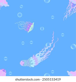 Seamless pattern with jellyfish on a blue background. Jellyfish go well with each other and the blue background of the water. Vector illustration