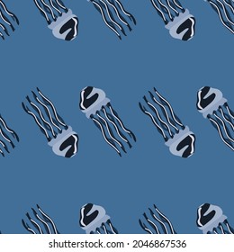 Seamless pattern jellyfish on bright blue background. Simple ornament with sea animals .Geometric template for fabric. Design vector illustration.