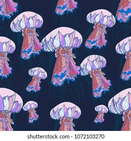 Seamless pattern with jellyfish on dark background. Vector illustration.