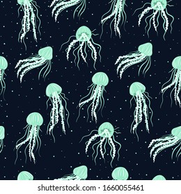 Seamless pattern with jellyfish on a dark background. Vector graphics.
