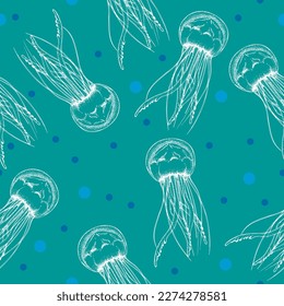 Seamless pattern with jellyfish on a light blue background. Seamless pattern for paper, textile.
