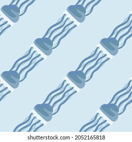 Seamless pattern jellyfish on patel blue background. Simple ornament with sea animals .Geometric template for fabric. Design vector illustration.