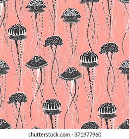 Seamless pattern with jellyfish on a pink background. Hand drawn doodle. Vector illustration