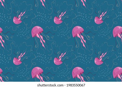 Seamless pattern jellyfish, sea dweller swimming in sea. Pink jellyfish dark background, childrens seamless pattern. Vector illustration in cartoon style.