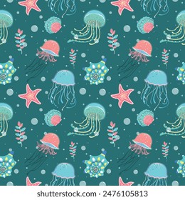 Seamless pattern with jellyfish and sea shells in cartoon style. The underwater world. Perfect for clothing design, home textiles, fabric print, scrapbook elements, greeting card and wrapping paper.