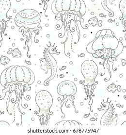 Seamless pattern with jellyfish, seahorses and fishes, vector illustration for baby on white background.