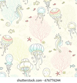 Seamless pattern with jellyfish, seahorses, fishes and corals, vector illustration for baby.