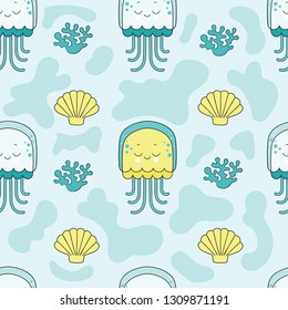 Seamless pattern with jellyfish, shells and corals