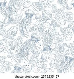 Seamless pattern with jellyfish and shells. Hand drawn vector illustration on white background.