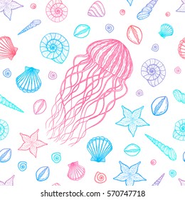 Seamless pattern with jellyfish and shells in line art style. Hand drawn vector illustration. Set of ocean elements