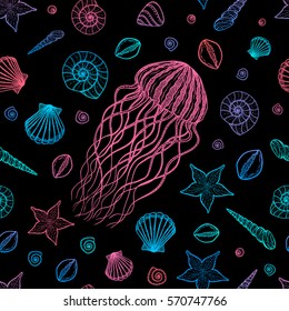 Seamless pattern with jellyfish and shells in line art style. Hand drawn vector illustration. Set of ocean elements