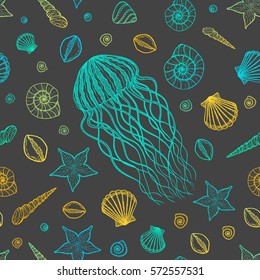 Seamless pattern with jellyfish and shells in line art style. Hand drawn vector illustration. Set of ocean elements