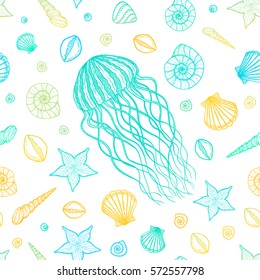 Seamless pattern with jellyfish and shells in line art style. Hand drawn vector illustration. Set of ocean elements