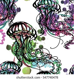 
Seamless pattern with jellyfish. Spots watercolor painting, freehand drawing in vintage style. Bright, colorful background.