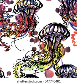 
Seamless pattern with jellyfish. Spots watercolor painting, freehand drawing in vintage style. Bright, colorful background.