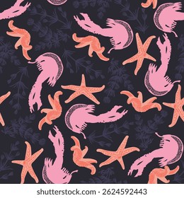 Seamless pattern with jellyfish and starfish design for decorative printing, wrapping paper, greeting cards, wallpaper and fabric. Vector background