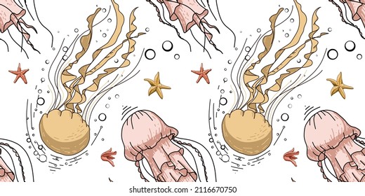 Seamless pattern with jellyfish and starfish. Pattern with marine inhabitants for background and design. Set of hand drawn clams for design. Set of isolated marine inhabitants on a white background.