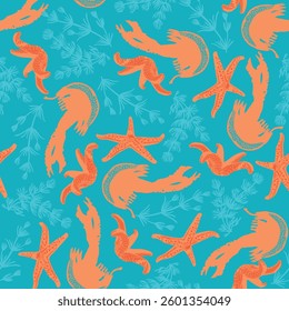 Seamless pattern of jellyfish, starfish and seaweed on a turquoise background. Vector illustration.