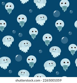 Las medusas patrón sin foco nadan bajo el agua. Patrón para los textiles al estilo de las caricaturas.