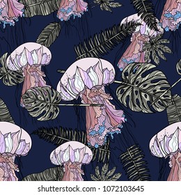 Seamless pattern with jellyfish and tropical leaves on dark background. Vector illustration.