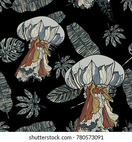 Seamless pattern with jellyfish and tropical leaves on black background. Vector illustration.