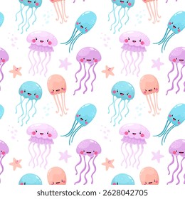 Seamless pattern with jellyfish, underwater world.