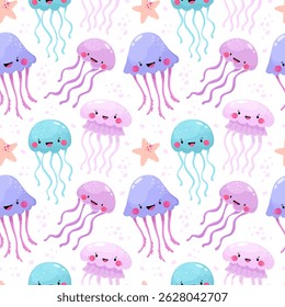 Seamless pattern with jellyfish, underwater world.