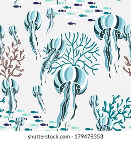 Seamless pattern with jellyfish in vector