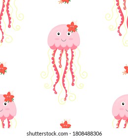 Seamless pattern with jellyfish. Vector color children's repeating simple pattern with jellyfish and starfish on a white background. Cartoon underwater world. Sea-ocean.