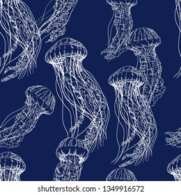 Seamless pattern with jellyfish. Vector illustration on dark blue background.