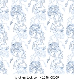 Seamless pattern with jellyfish. Vector illustration for designing posters, cards, prints, stickers, wallpaper, fabric, textile, gift paper