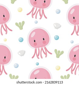 Seamless Pattern with Jellyfish. Vector illustration. For greeting card, posters, banners, the card, printing on the pack, printing on clothes, fabric, wallpaper.